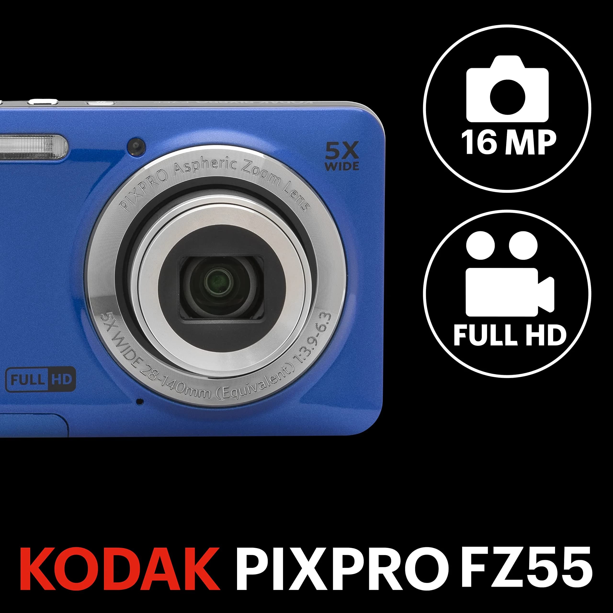 KODAK PIXPRO FZ55 Blue Digital Camera - 16MP, 5X Optical Zoom, 28mm Wide Angle - view 3