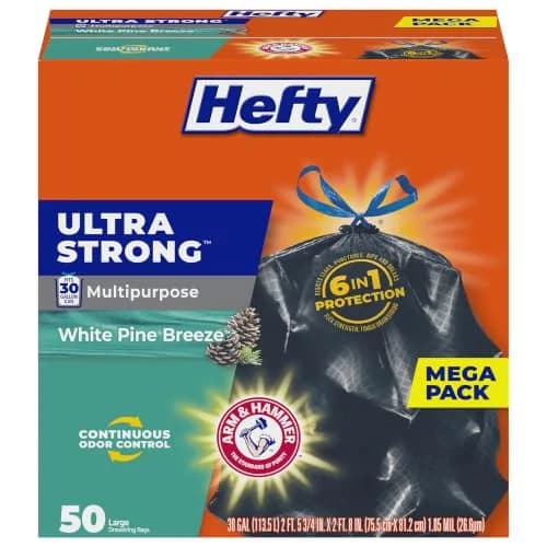 Hefty Ultra Strong 30 Gallon Trash Bags, Black, White Pine Breeze, 50 Count (1.91 kg) | 6-in-1 Protection thumbnail 1