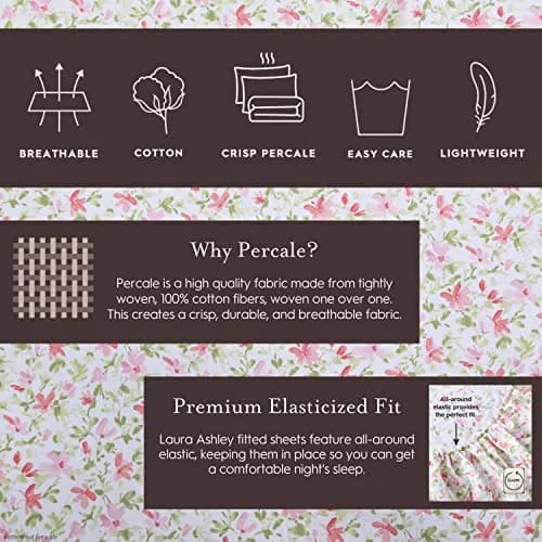 Laura Ashley Twin Size Sheet Set with Fitted Sheet & Pillowcase | 300-Thread Cotton Sateen, Soft & Durable (70-120 chars) thumbnail 5