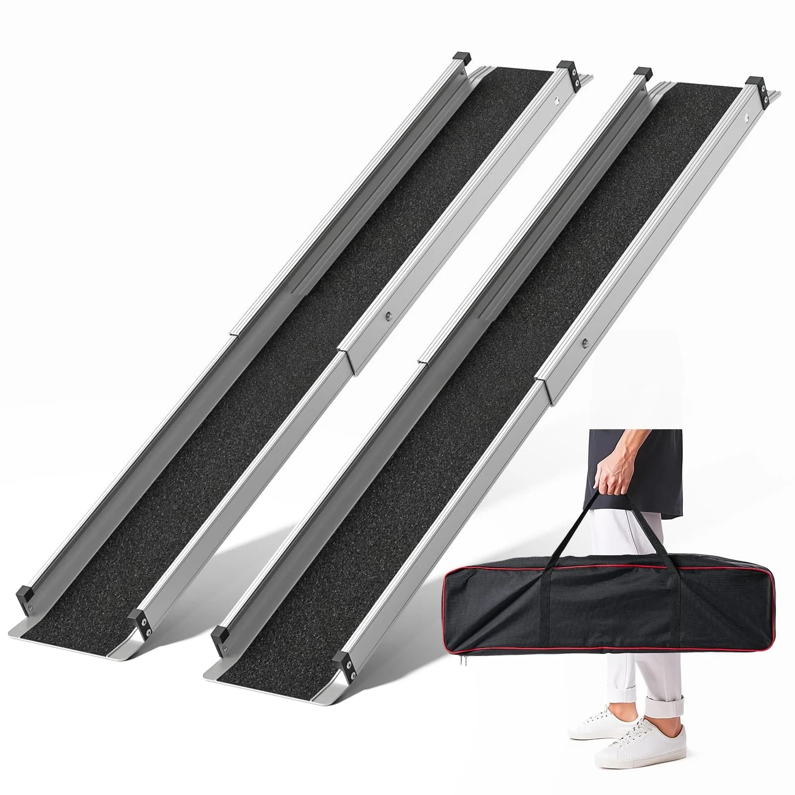 KOLOTOOL 5FT Telescoping Aluminum Portable Wheelchair Ramp with Bag, 600LBS Capacity (2-Pack, Black) | Lightweight & Foldable for Home & Travel — 3 to 5 FT