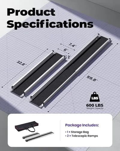 KOLOTOOL 5FT Telescoping Aluminum Portable Wheelchair Ramp with Bag, 600LBS Capacity (2-Pack, Black) | Lightweight & Foldable for Home & Travel thumbnail 2