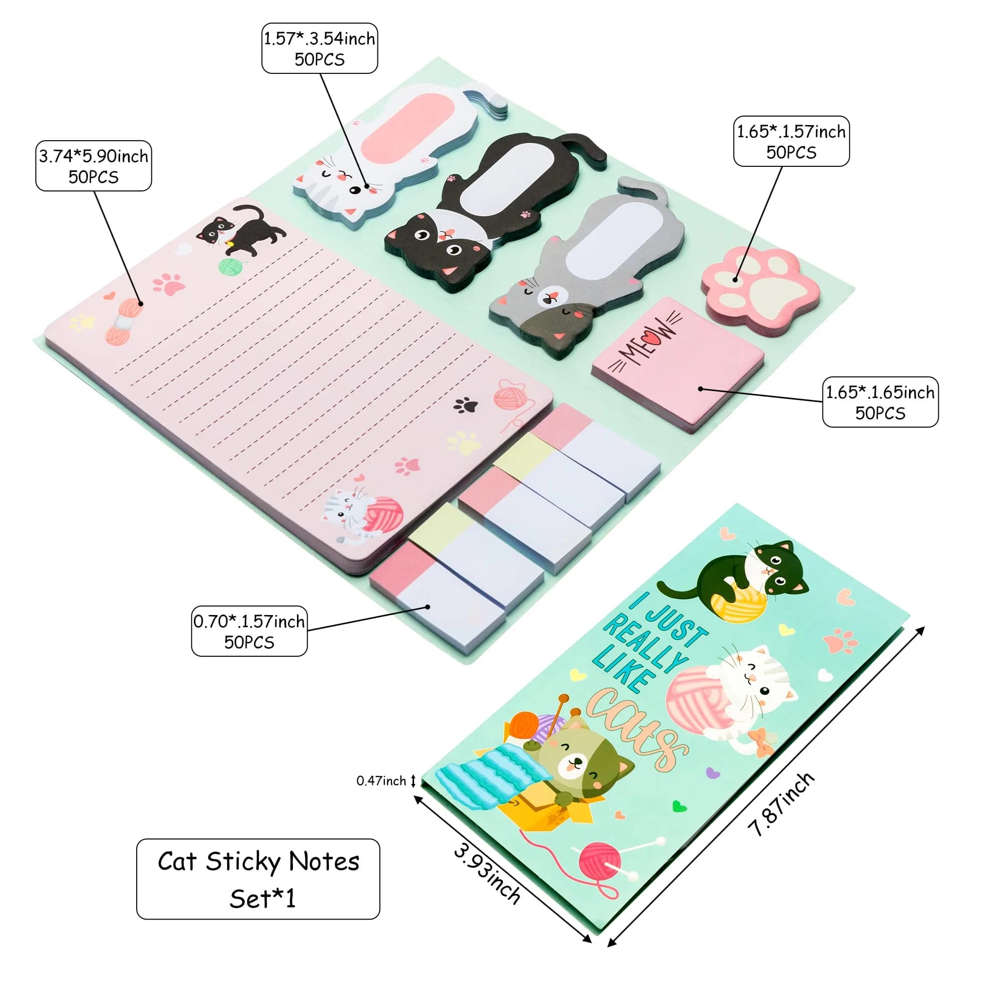 Xqumoi Cat Sticky Notes Set with Paw Shaped Tabs, 550 Sheets | Cute Animal Memo Pads for Back to School - view 2