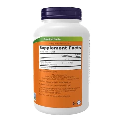 NOW Spirulina 1000 mg Double Strength | Organic, Vegan, 240 Tabs in Bottle thumbnail 2