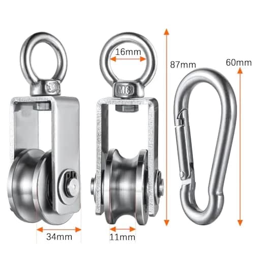 SHINICO M34 Pulley Wheel with Carabiner, 250 kg (551 lbs) Load Capacity | Stainless Steel, Smooth Silent Bearings thumbnail 2