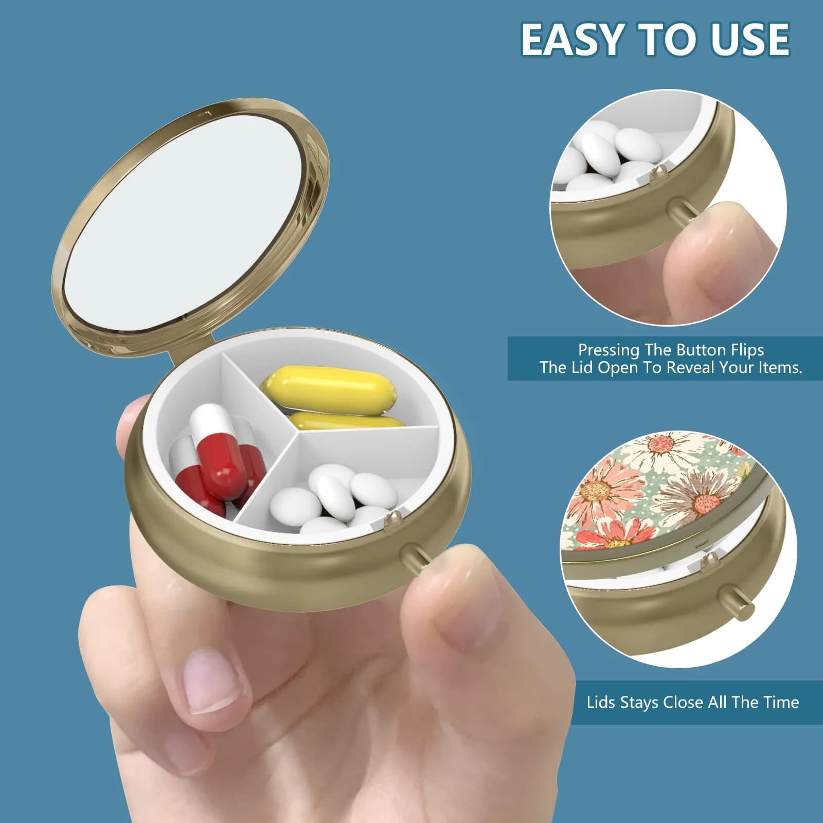 Hion Retro Floral Pill Case with Mirror 5cm (2in) | 3 Compartment Travel Organizer - view 4