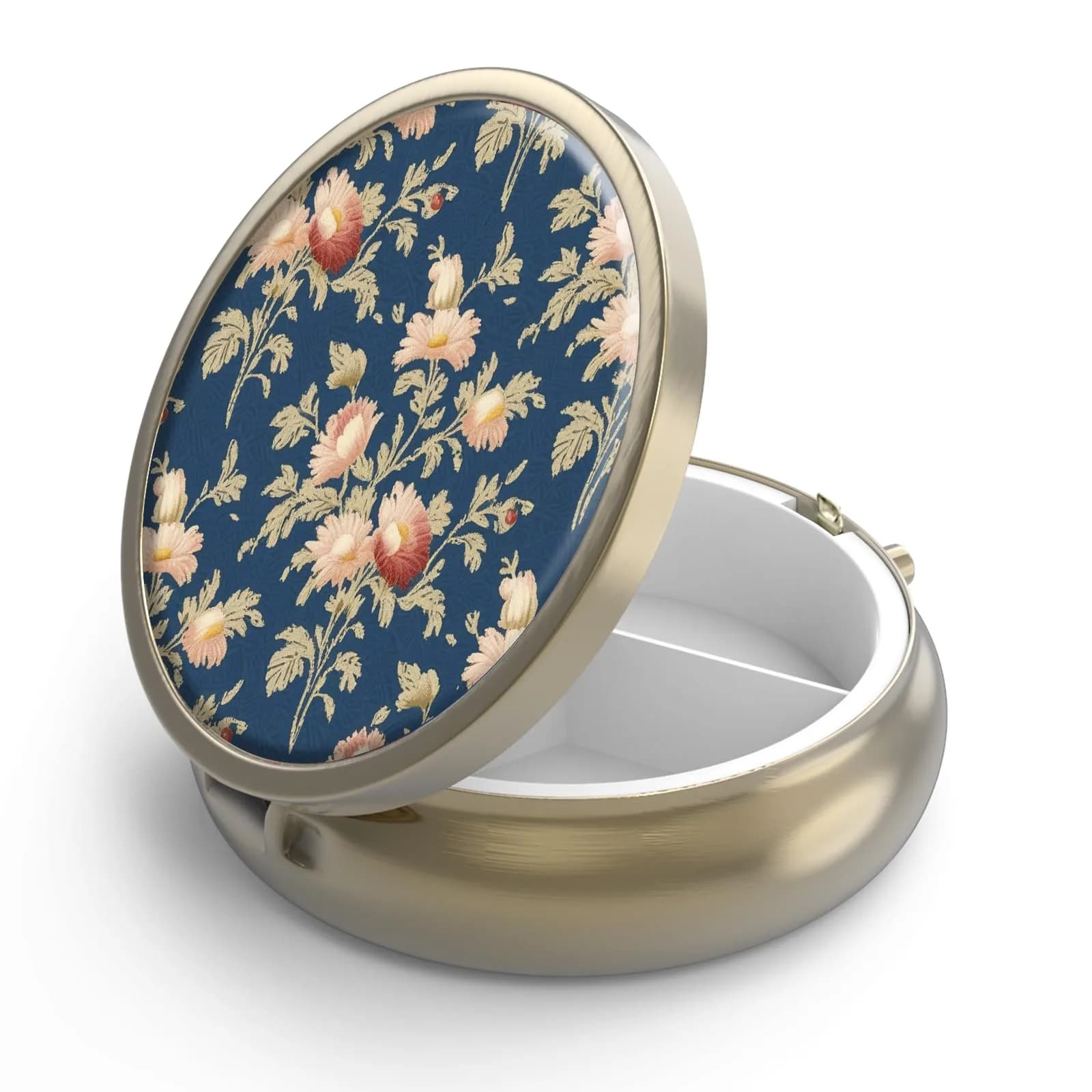 Hion Retro Rose Floral Pill Case with Mirror 5 cm (2 in) | 3 Compartment Travel Pill Box - main product image