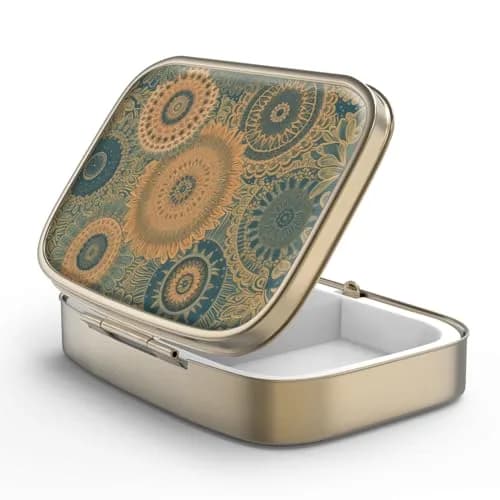 Hion Retro Mandala Pill Case with Mirror 2 Compartment 5 cm (2 in) | FDA Approved Pill Dispenser thumbnail 1
