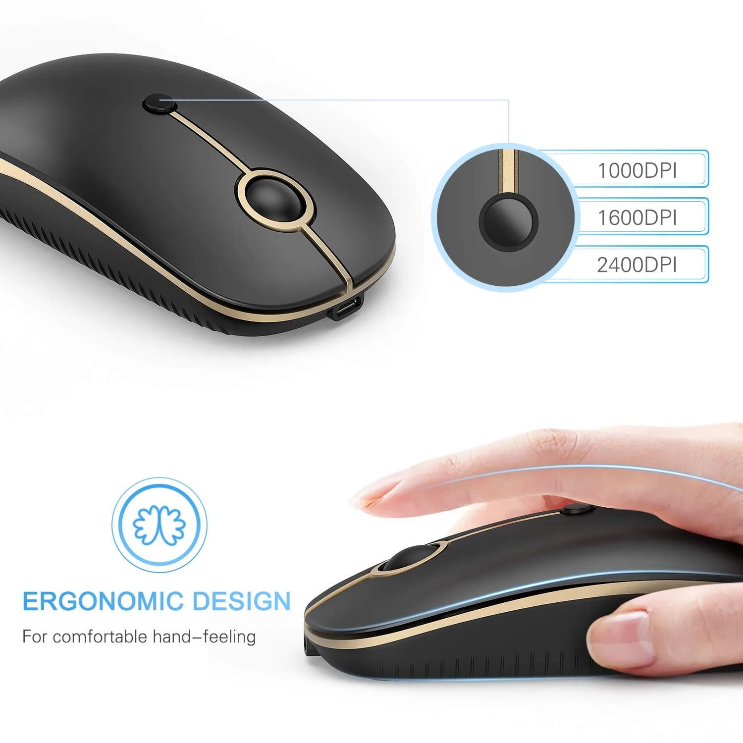 VssoPlor Type C Wireless Mouse Black Gold | Rechargeable USB C & USB Dual Mode Mouse for MacBook - view 5