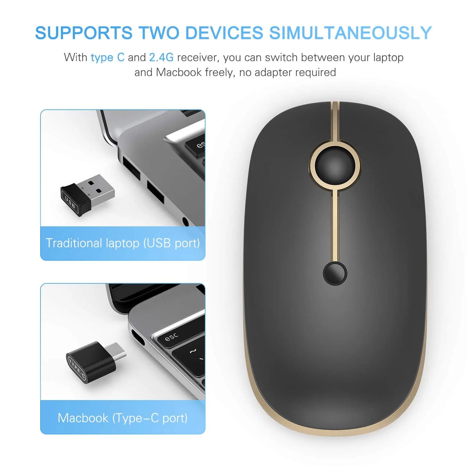 VssoPlor Type C Wireless Mouse Black Gold | Rechargeable USB C & USB Dual Mode Mouse for MacBook - view 6