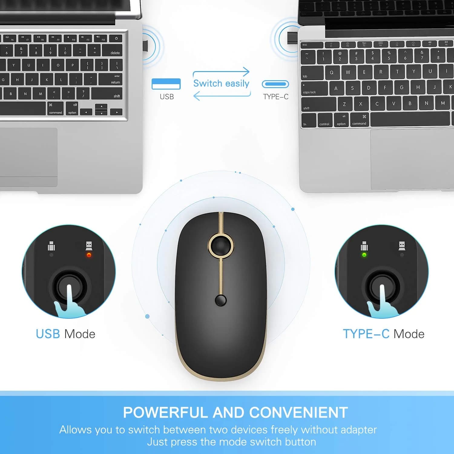 VssoPlor Type C Wireless Mouse Black Gold | Rechargeable USB C & USB Dual Mode Mouse for MacBook - view 3