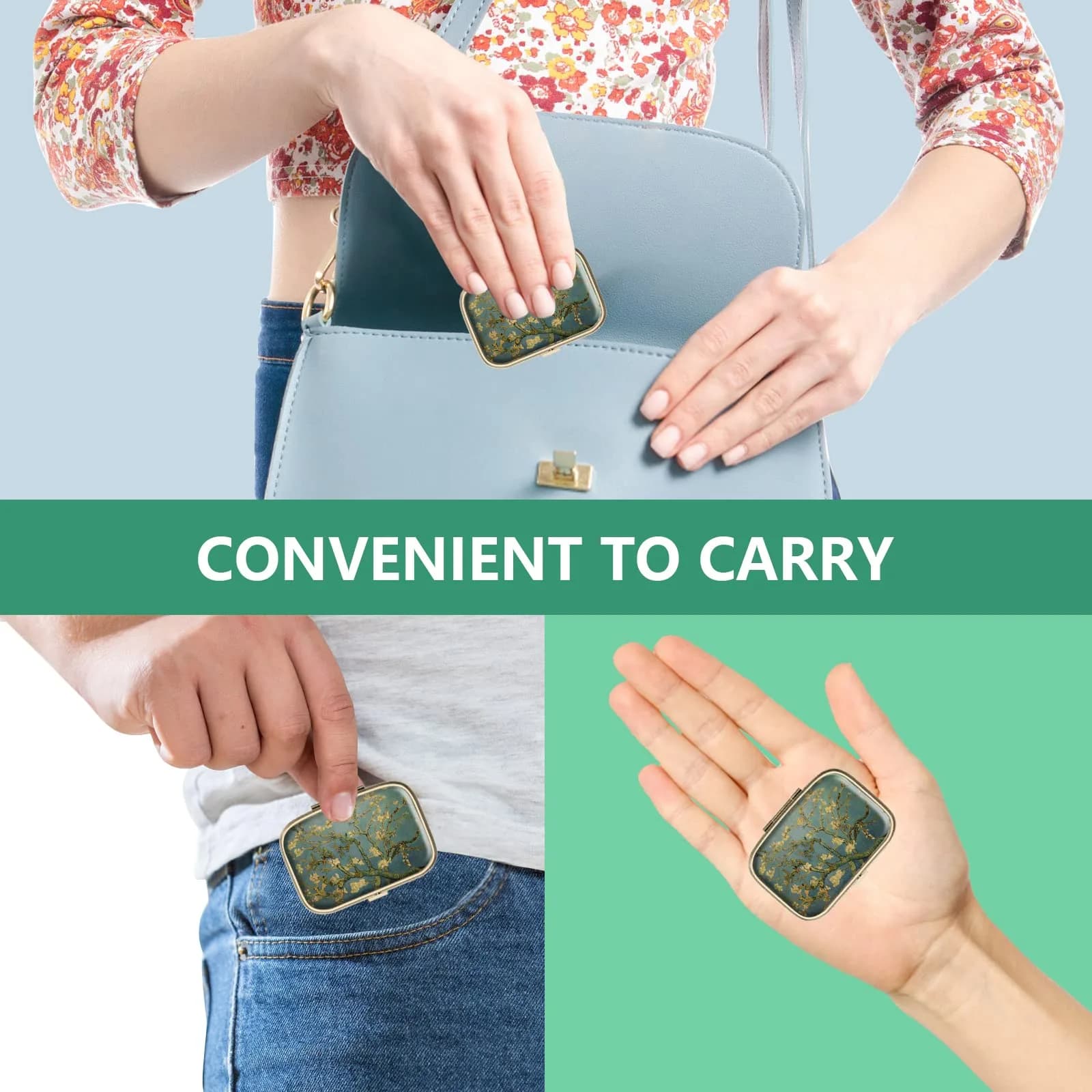 Hion White Blue Marble Retro Pill Case with Mirror & 2 Compartments | Portable Travel Pill Box for Purse or Pocket - view 6