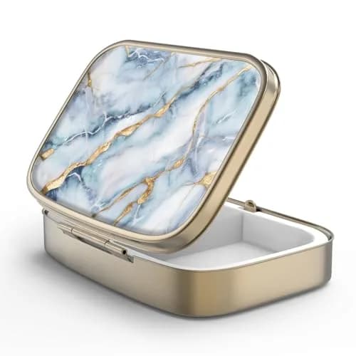 Hion White Blue Marble Retro Pill Case with Mirror & 2 Compartments | Portable Travel Pill Box for Purse or Pocket thumbnail 1