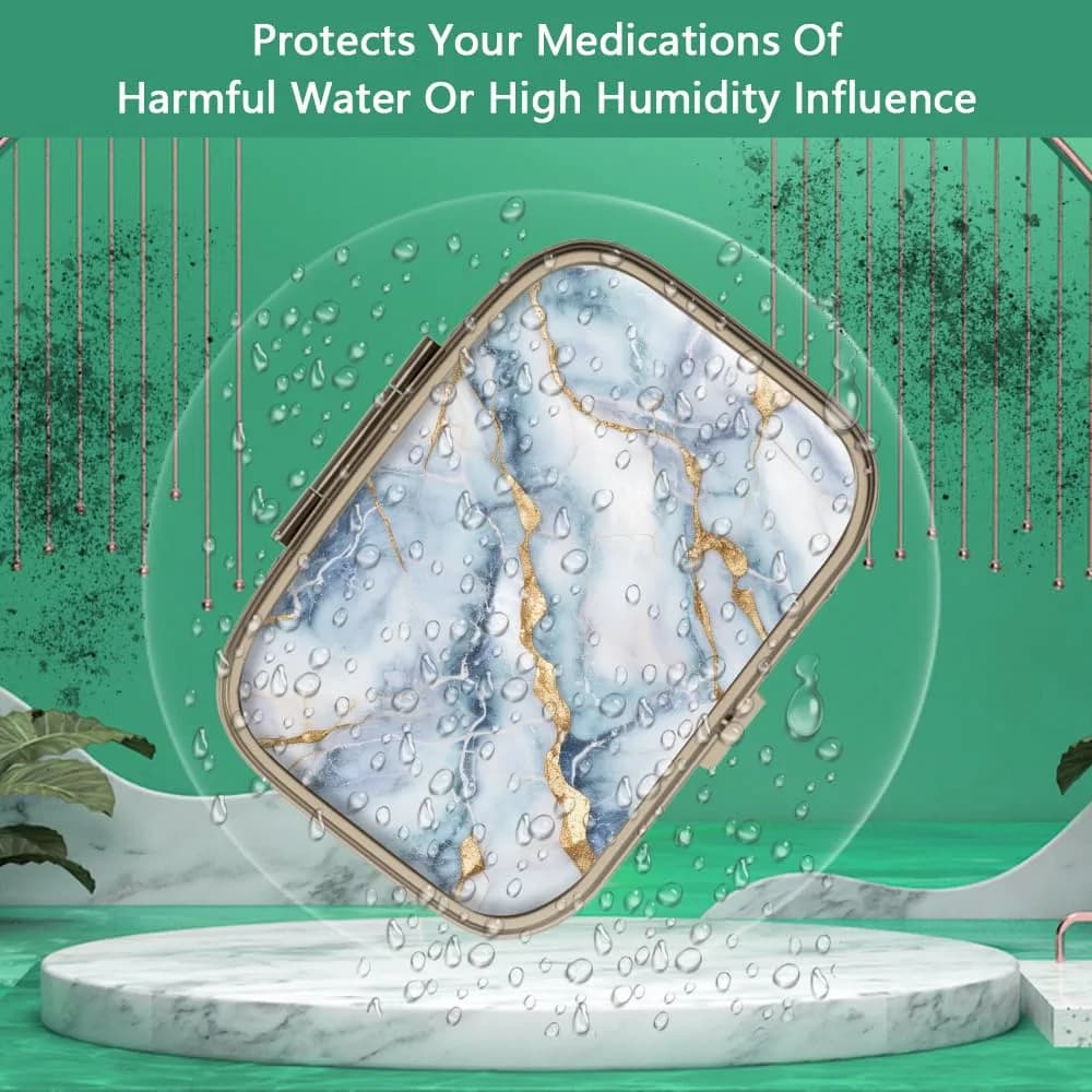 Hion White Blue Marble Retro Pill Case with Mirror & 2 Compartments | Portable Travel Pill Box for Purse or Pocket - view 2