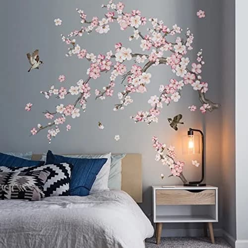 wondever Pink Cherry Blossom Wall Decals 9 Sheets | Floral Wall Art Stickers for Home Decor thumbnail 2