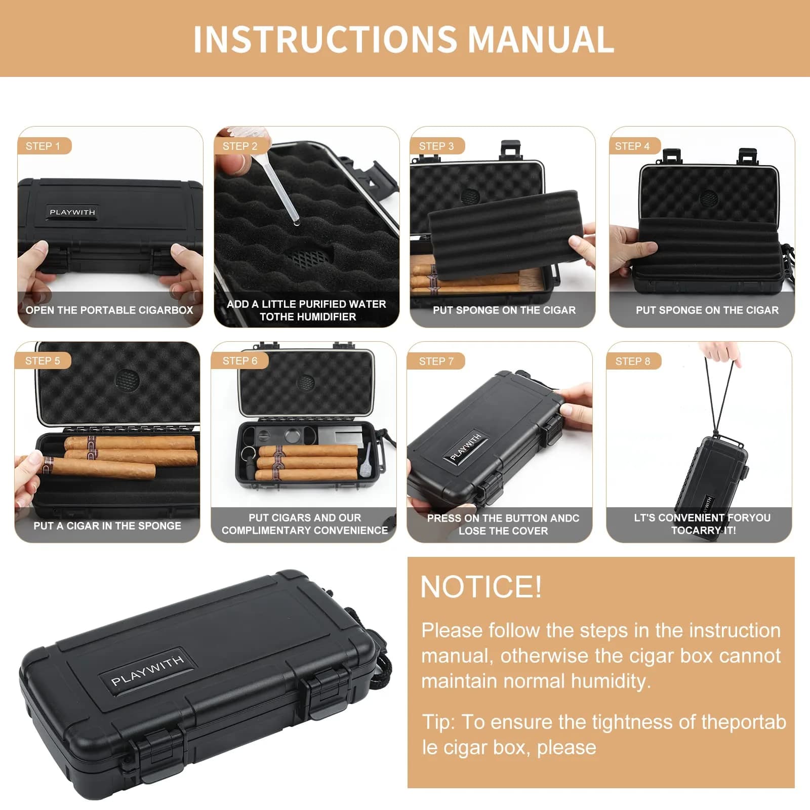 PLAYWITH Travel Humidor Box with Accessories - Black 23.5cm (9.4 inch) | Waterproof & Crushproof Cigar Case - view 7