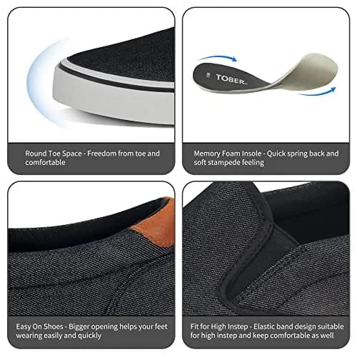 TOBER Men's Black Canvas Slip-On Shoes 25.4 cm (10 in) | Classic Laceless Walking Sneakers thumbnail 6