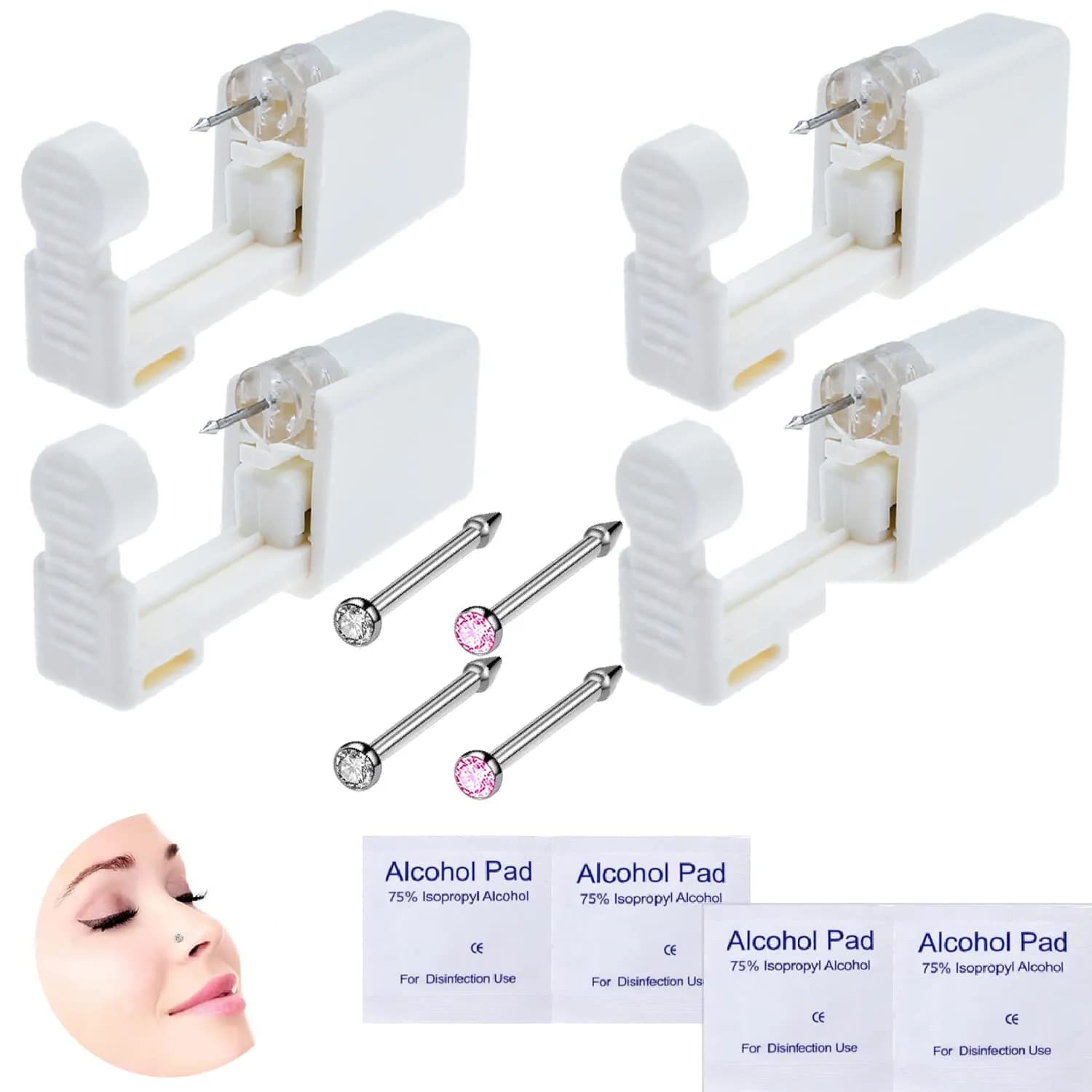 RASDDER Nose Piercing Kit 4-Pack Disposable Self Piercing Gun with Built-in Studs | 0.8mm (10g) Pin — White+Black