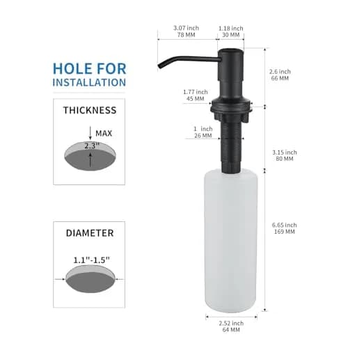 DOILIESE Matte Black Built-in Soap Dispenser for Kitchen Sink 500ml (17 Fl Oz) | Countertop Pump Head for Dish Soap & Hand Lotion thumbnail 5