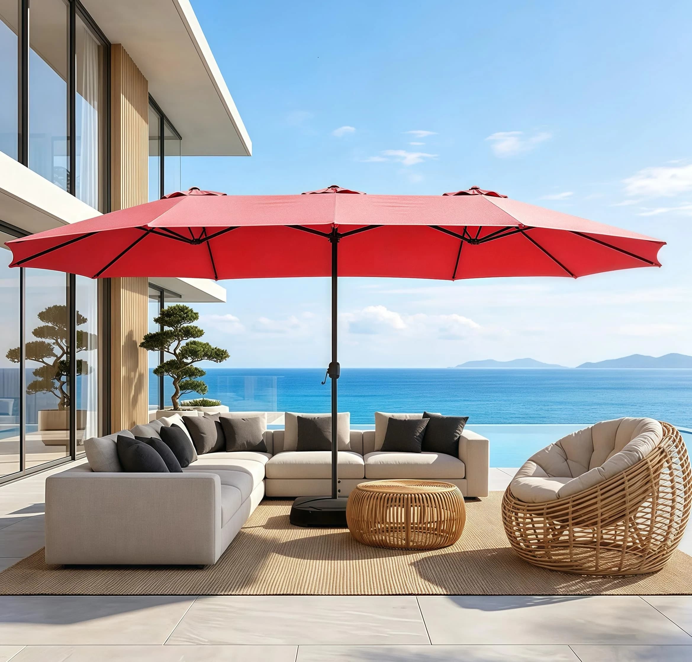 Bigroof 15ft Large Patio Umbrella with Base Included, Red | Extra Large 135 sq ft Shade, Durable Steel & Polyester, Crank Lift, Stable Support