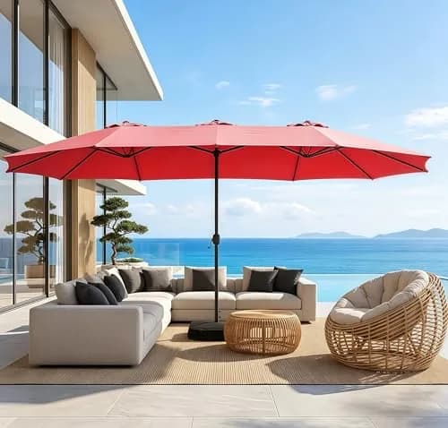Bigroof 15ft Large Patio Umbrella with Base Included, Red | Extra Large 135 sq ft Shade, Durable Steel & Polyester, Crank Lift, Stable Support thumbnail 1