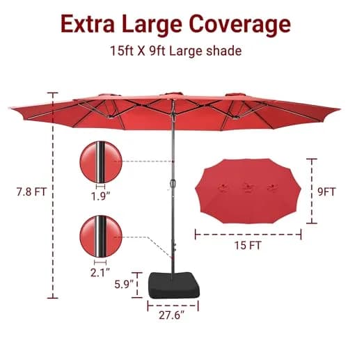 Bigroof 15ft Large Patio Umbrella with Base Included, Red | Extra Large 135 sq ft Shade, Durable Steel & Polyester, Crank Lift, Stable Support thumbnail 5