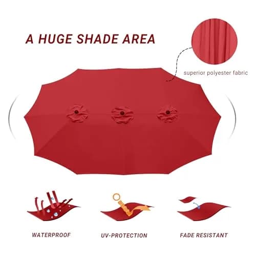 Bigroof 15ft Large Patio Umbrella with Base Included, Red | Extra Large 135 sq ft Shade, Durable Steel & Polyester, Crank Lift, Stable Support thumbnail 7