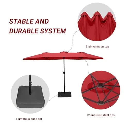 Bigroof 15ft Large Patio Umbrella with Base Included, Red | Extra Large 135 sq ft Shade, Durable Steel & Polyester, Crank Lift, Stable Support thumbnail 8