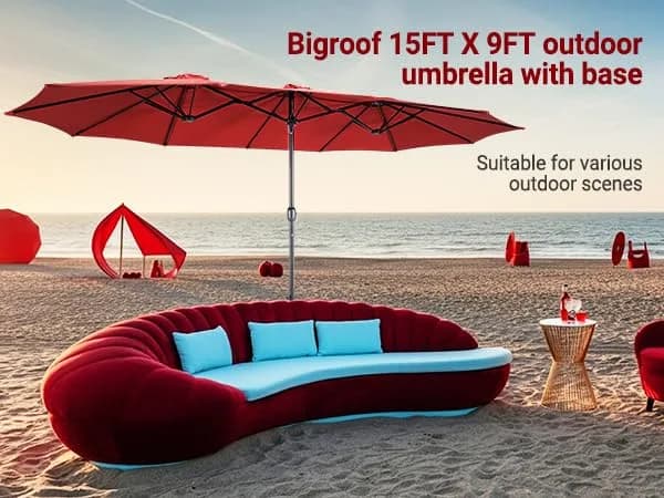 Bigroof 15ft Large Patio Umbrella with Base Included, Red | Extra Large 135 sq ft Shade, Durable Steel & Polyester, Crank Lift, Stable Support thumbnail 10