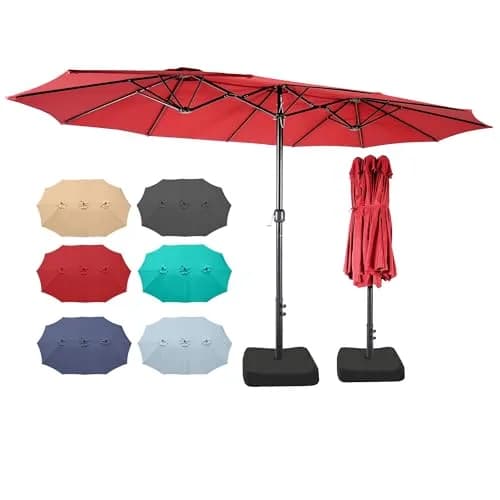 Bigroof 15ft Large Patio Umbrella with Base Included, Red | Extra Large 135 sq ft Shade, Durable Steel & Polyester, Crank Lift, Stable Support thumbnail 3