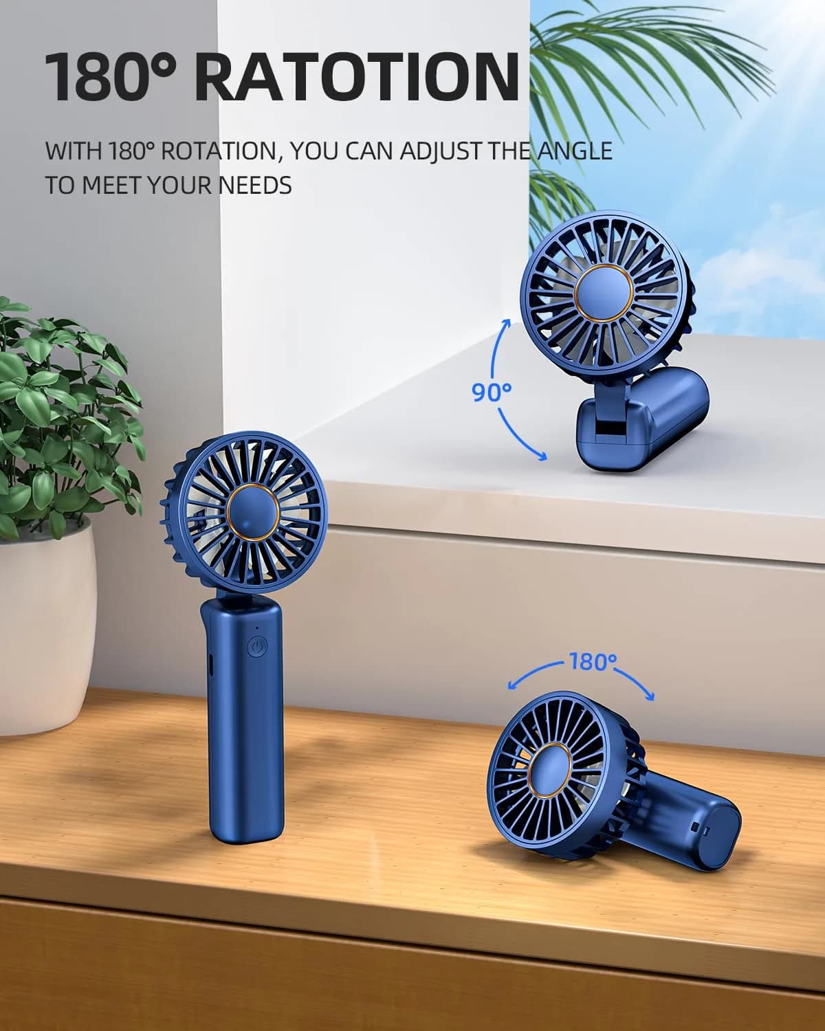 FrSara Portable Handheld Fan Rechargeable Blue | 3-Speed Mini Folding Desk Fan with 4000mAh Battery - view 3