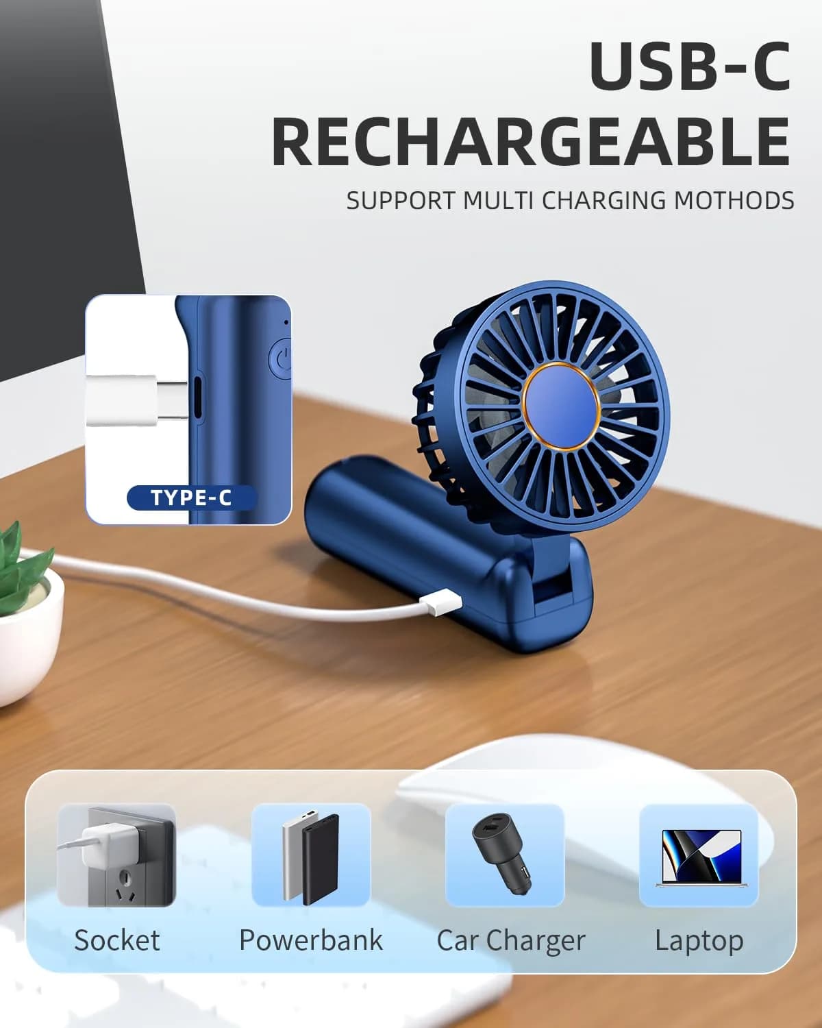 FrSara Portable Handheld Fan Rechargeable Blue | 3-Speed Mini Folding Desk Fan with 4000mAh Battery - view 4