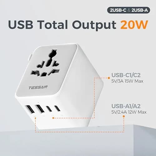TESSAN Universal Travel Adapter, International Power Adapter | 2 USB A + 2 USB C, 150+ Countries, Compact & Lightweight thumbnail 4