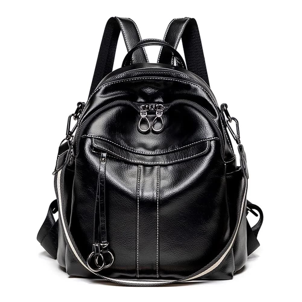 Mn&Sue Medium Black Leather Backpack Purse for Women | Fashion Shoulder Bag Rucksack 28cm (11" x 5.5" x 11.8") - main product image