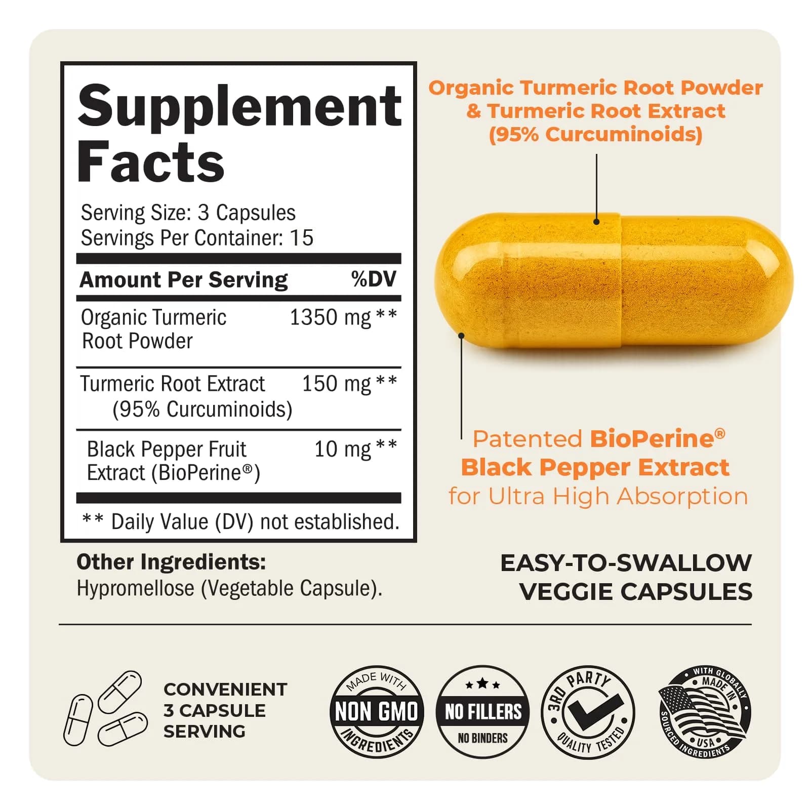 BioSchwartz Turmeric Curcumin 1500mg Capsules with Black Pepper Extract | 45 Count (1350mg Turmeric Root, 150mg Curcuminoids, 10mg BioPerine) - view 4