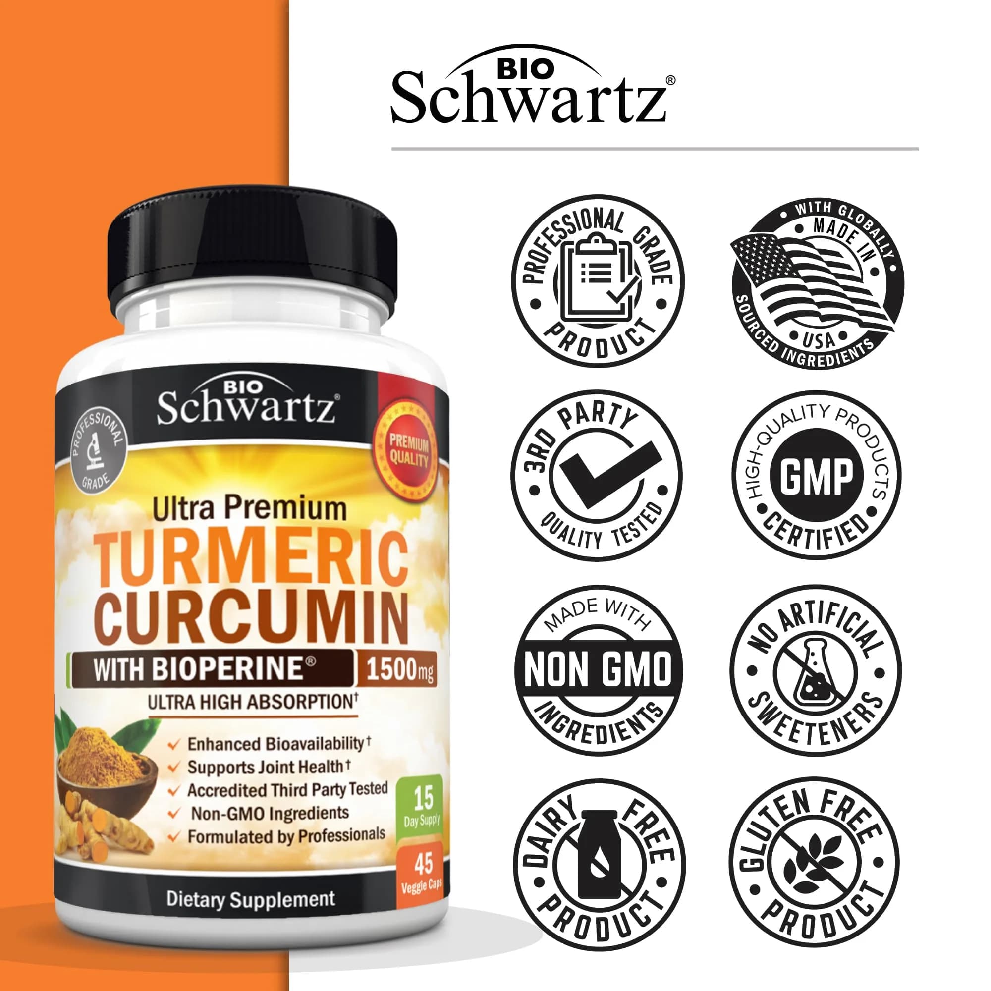 BioSchwartz Turmeric Curcumin 1500mg Capsules with Black Pepper Extract | 45 Count (1350mg Turmeric Root, 150mg Curcuminoids, 10mg BioPerine) - view 6