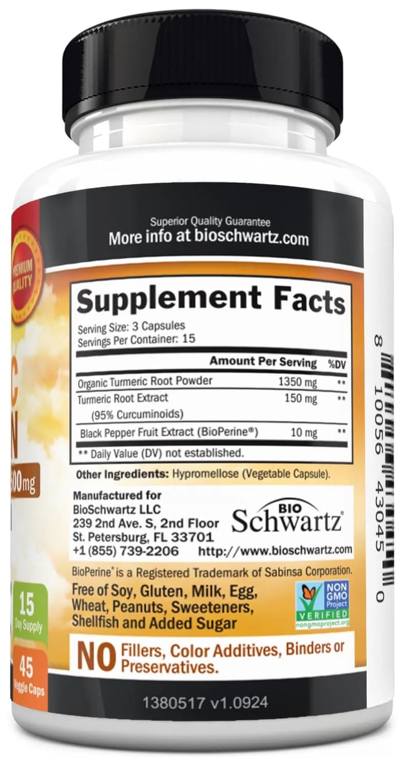 BioSchwartz Turmeric Curcumin 1500mg Capsules with Black Pepper Extract | 45 Count (1350mg Turmeric Root, 150mg Curcuminoids, 10mg BioPerine) - view 7