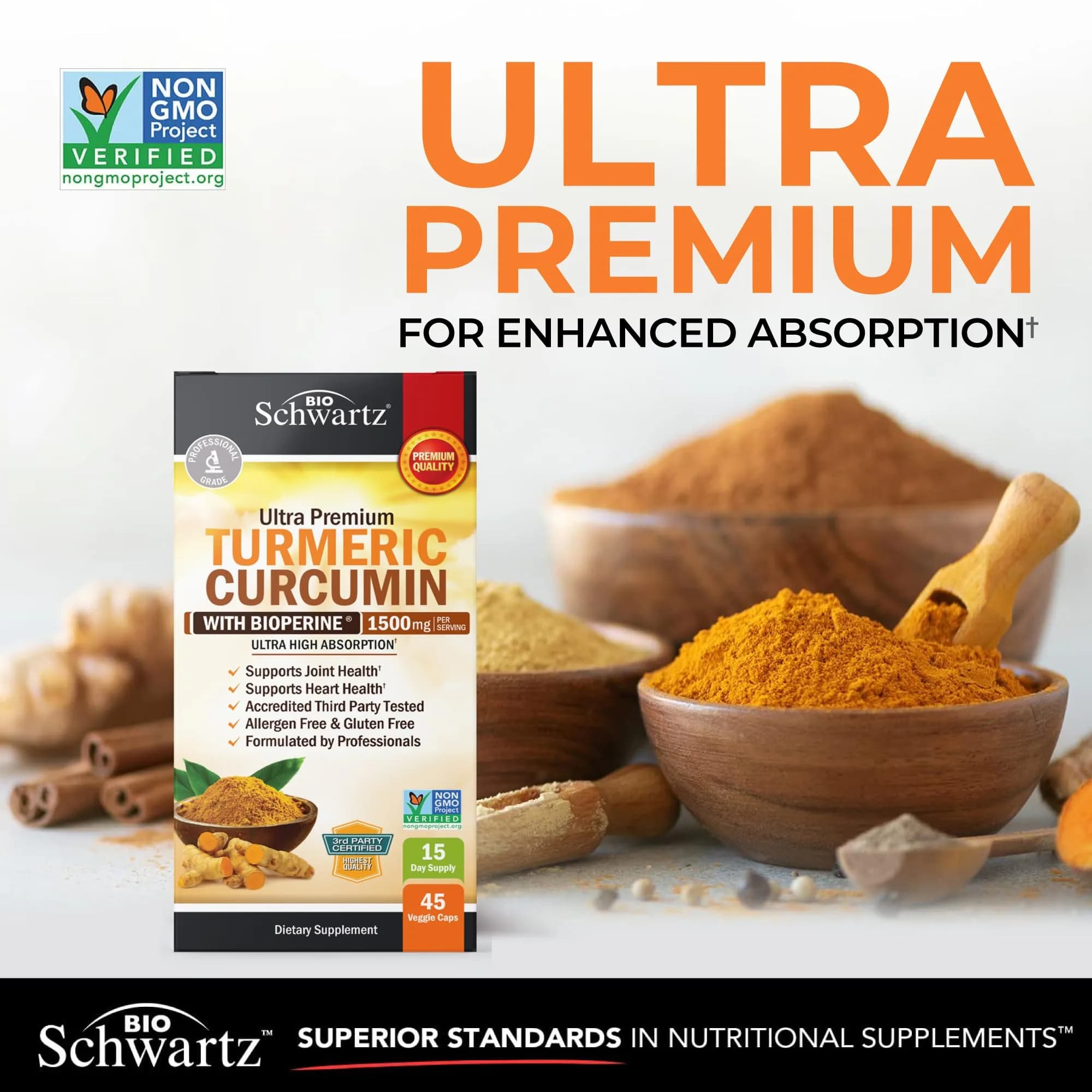 BioSchwartz Turmeric Curcumin 1500mg Capsules with Black Pepper Extract | 45 Count (1350mg Turmeric Root, 150mg Curcuminoids, 10mg BioPerine) - view 3