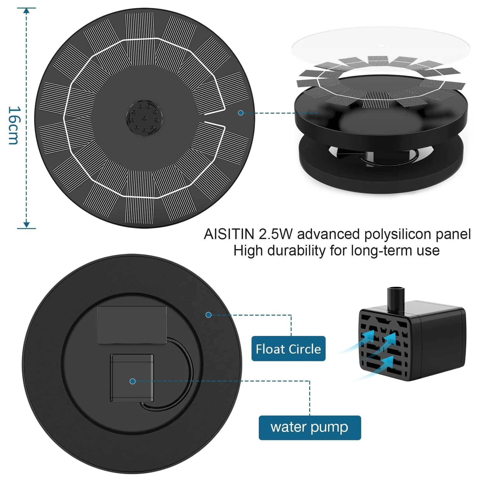 AISITIN 2.5W Solar Fountain for Bird Bath with 6 Nozzles, 2 Pack | 28" Max Water Height - view 6