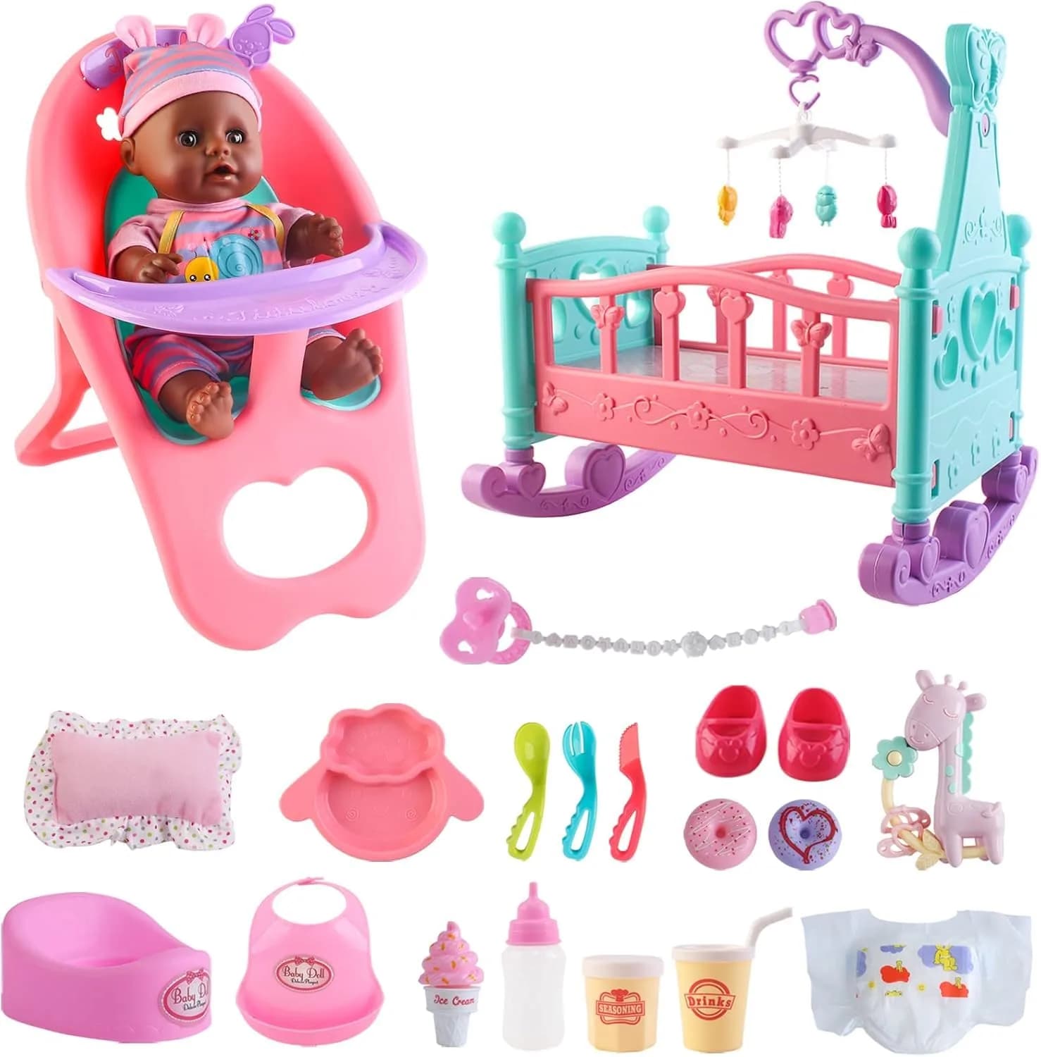 deAO Baby Doll Play Set with Crib, High Chair & Accessories, Black | 21-Piece Pretend Play Toy for Ages 3+ — Black