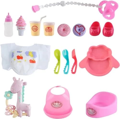 deAO Baby Doll Play Set with Crib, High Chair & Accessories, Black | 21-Piece Pretend Play Toy for Ages 3+ thumbnail 4