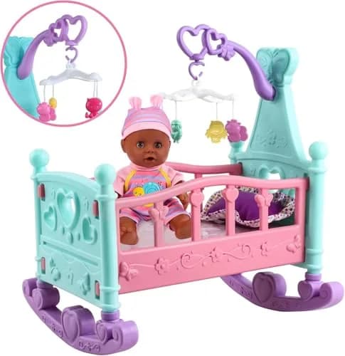 deAO Baby Doll Play Set with Crib, High Chair & Accessories, Black | 21-Piece Pretend Play Toy for Ages 3+ thumbnail 2
