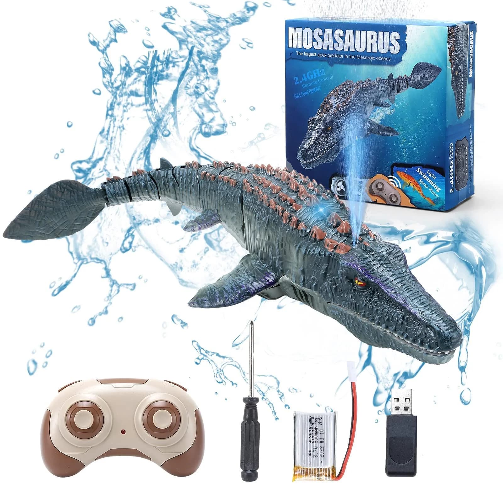fromeasy RC Dinosaur Toys for Kids 3-7 | Mosasaurus Diving RC Boat with Light & Spray Water