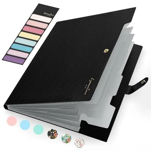 Sooez Grey Accordion File Organizer with 5 Pockets & Labels | Durable Document Holder for Office & School — Black / 5 / A4 Size