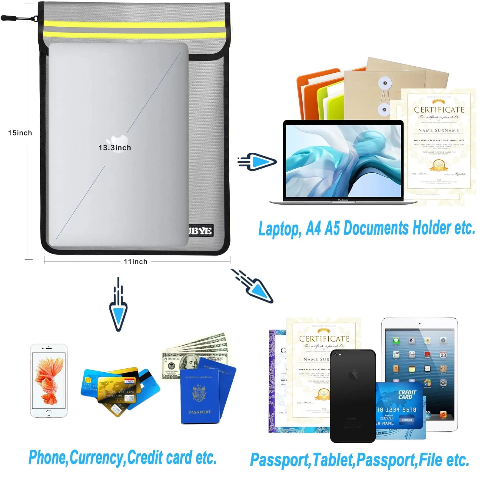 MUBYE Fireproof Waterproof Document Bag 39cm x 28cm (15"x 11") | Protects Valuables from Fire and Water - view 3