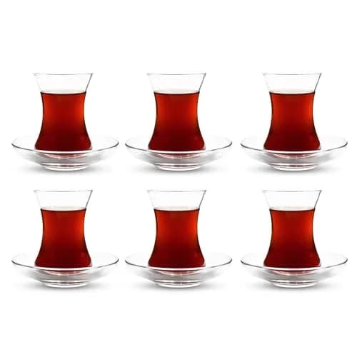 ums Turkish Tea Glass Set - 6 Glasses & Saucers | Elegant Tulip Shape for Hot Drinks thumbnail 1