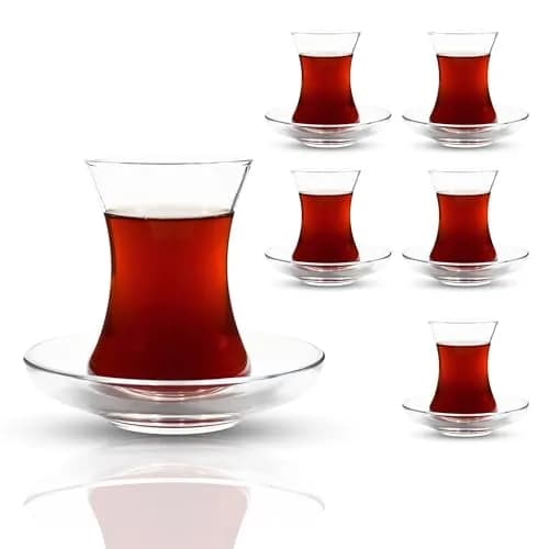 ums Turkish Tea Glass Set - 6 Glasses & Saucers | Elegant Tulip Shape for Hot Drinks thumbnail 5
