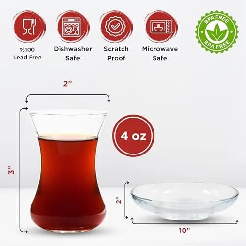 ums Turkish Tea Glass Set - 6 Glasses & Saucers | Elegant Tulip Shape for Hot Drinks thumbnail 2