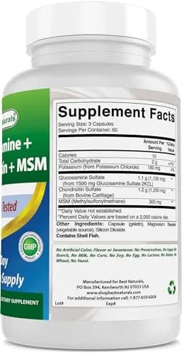 Best Naturals Glucosamine Chondroitin MSM 2600 mg | Unflavored, 180 Capsules, USA Import thumbnail 6