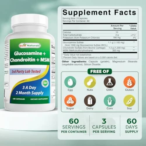 Best Naturals Glucosamine Chondroitin MSM 2600 mg | Unflavored, 180 Capsules, USA Import thumbnail 2