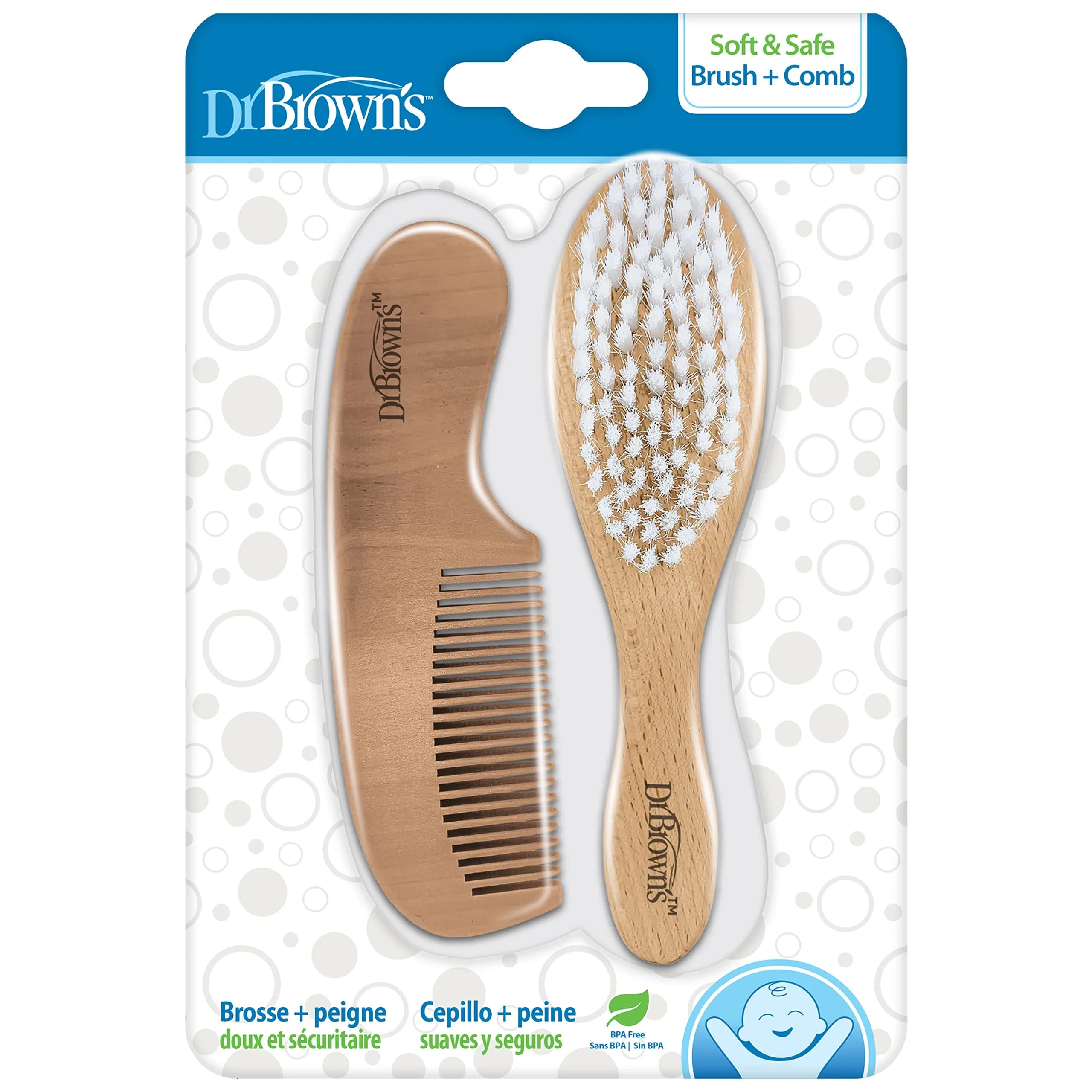 Dr. Brown's Soft and Safe Baby Brush + Comb Set | Natural Wood, Gentle Bristles for All Hair Types — Baby Brush + Comb